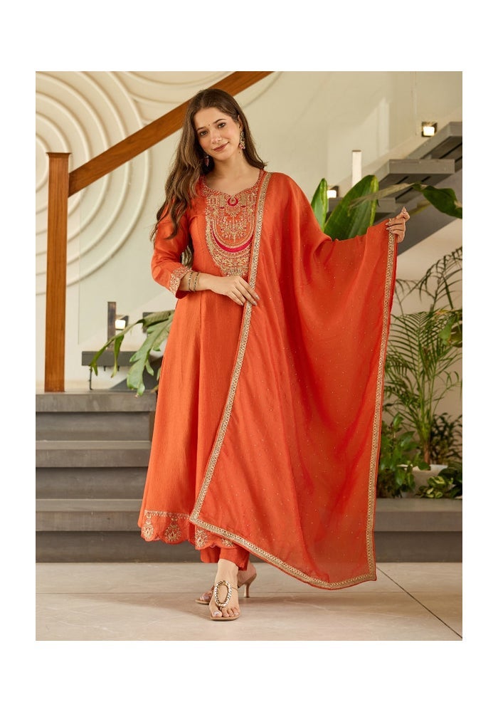 Malishka Export Embroidered Rust Kurta Pant Set for Women - Image 1